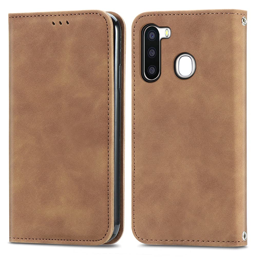 Hicaseer Case for Galaxy A21 (EU),PU Leather Protective Cover 2 Card slots Pair of suction Strong Magnet Bracket ProtectiveClamshell Cover for Samsung Galaxy A21 (EU) 6.5" - Brown