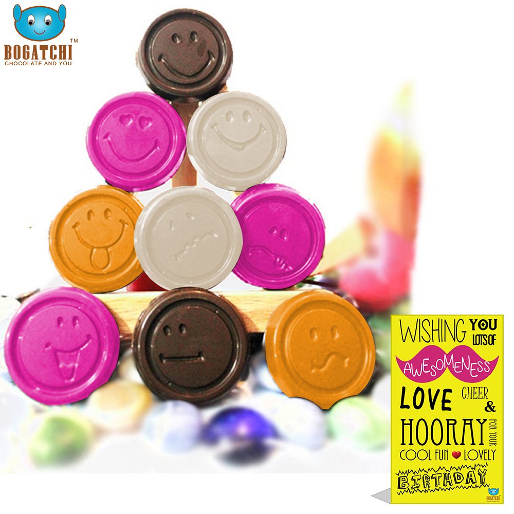BOGATCHI Happy Birthday Gifts, Happy Birthday Chocolates, Chocolate Smileys- Dark, White, Mango,Orange, Strawberry Chocolates, 9 Pieces, Free Happy B'Day Card