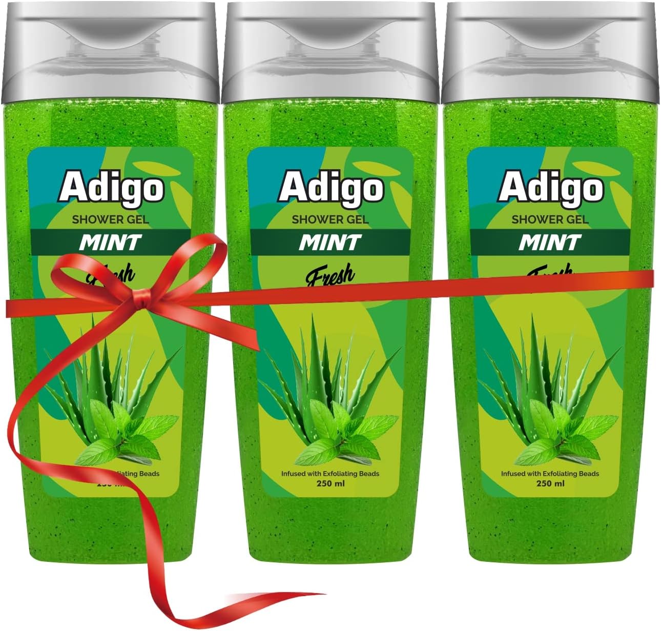 Adigo Shower Gel | Body Wash with Burst of Mint, Aloe Vera, Tulsi & Green Tea Freshness, Infusion of Essential Oils & Gentle Exfoliating Beads | Moisturizing Formula & Odor Control | 250ml Pack of 3
