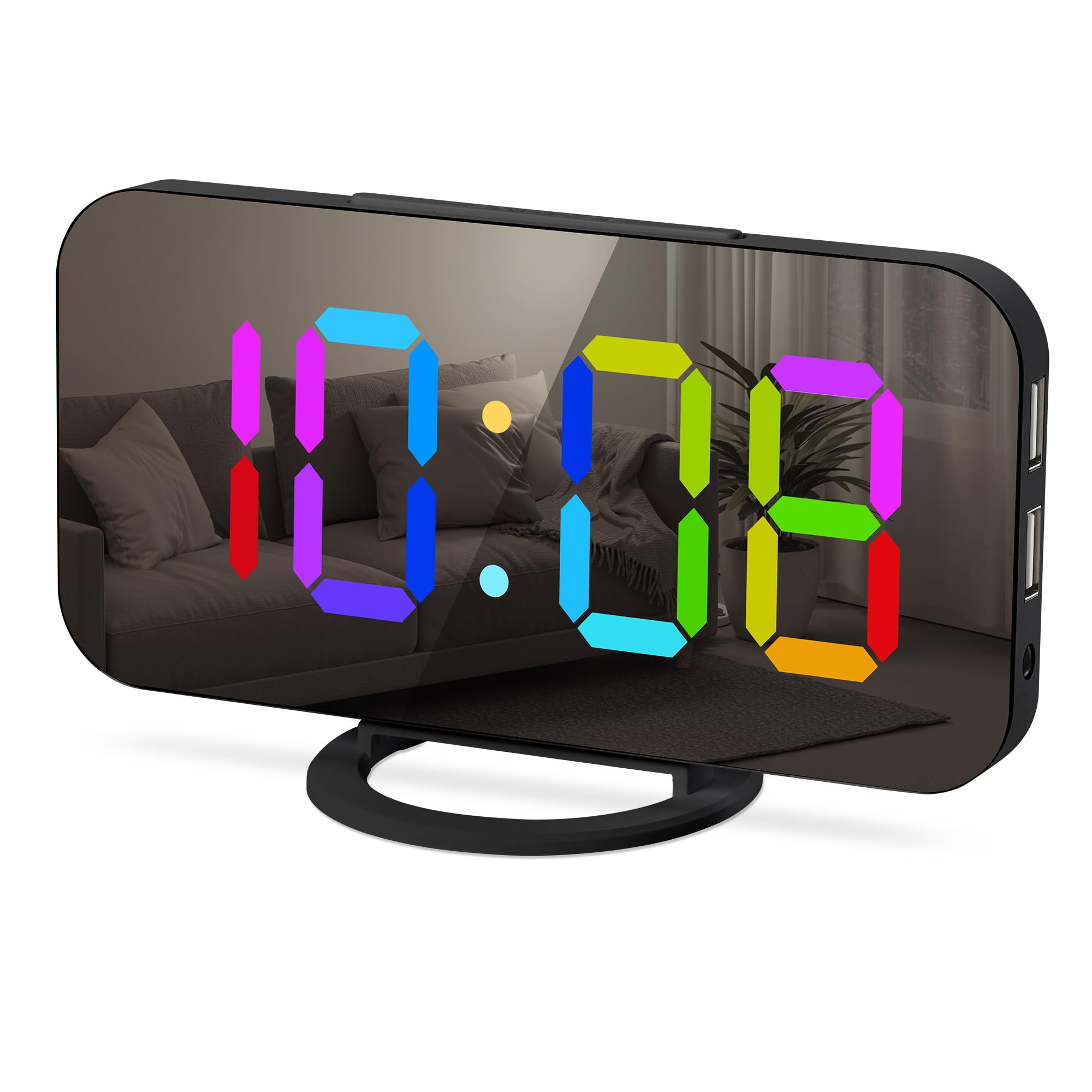 Digital Alarm Clock for Bderoom, RGB Mirror Alarm Clock, Wake Up On Time, Snooze, Auto/Custom Brightness, 12/24hr, Multiple Color Display Modes, LED Digital Clock for Home, Living Room, Office, Black