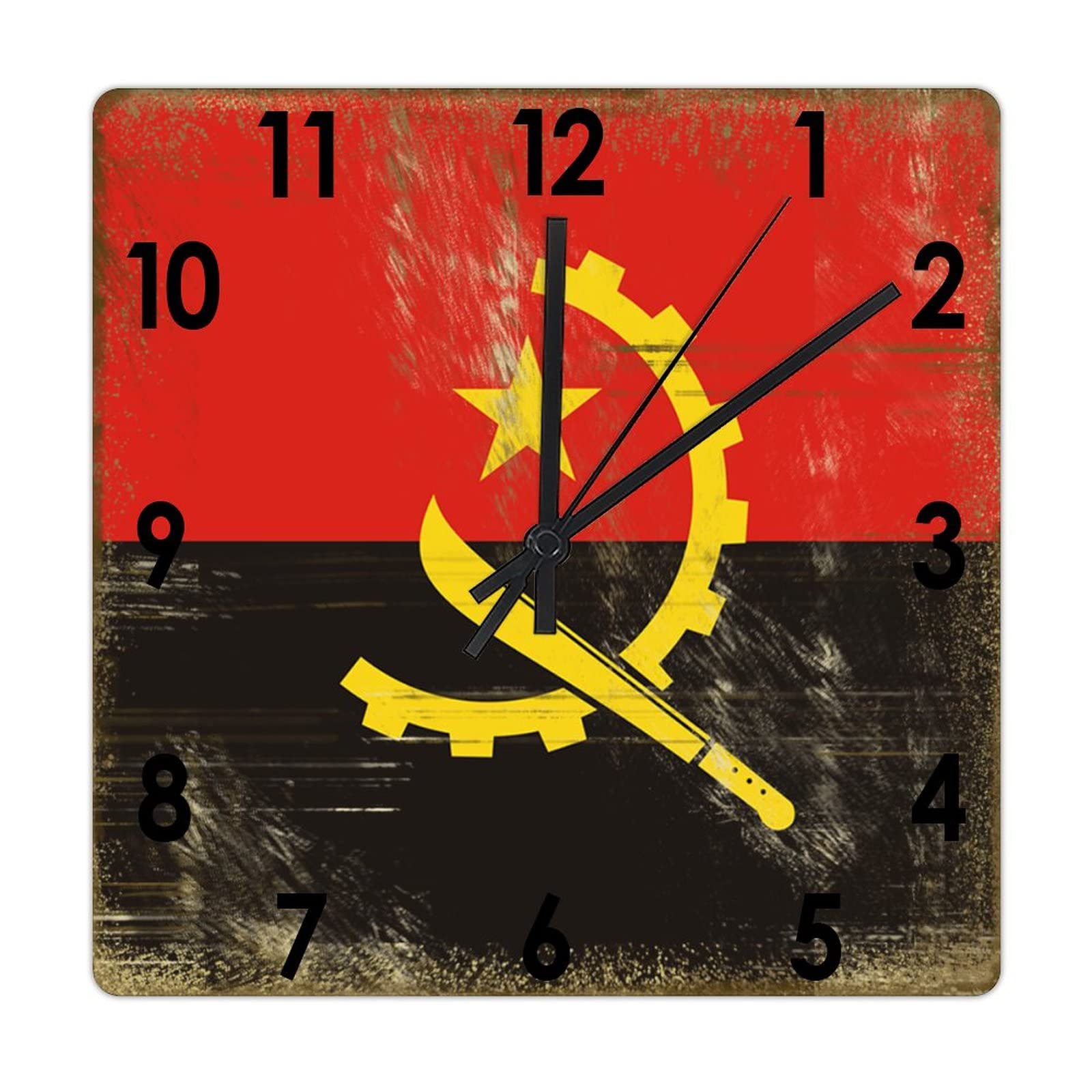 Horloge murale carrée sans tic-tac motif drapeau Angola pour le salon