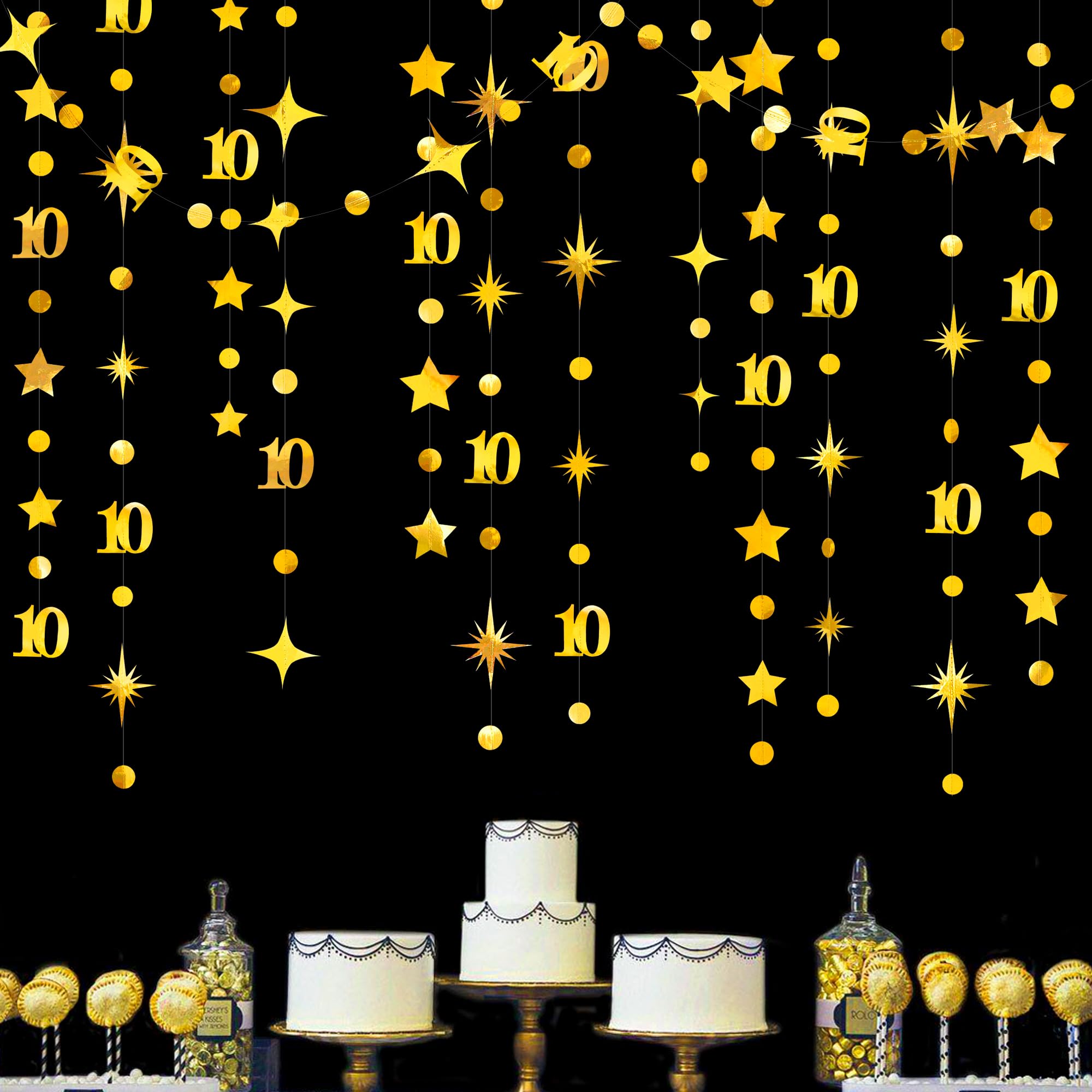 Gold 10th Birthday Decorations Number 10 Circle Dot Twinkle Star Garland Metallic Hanging Streamer Banner Backdrop for Girls Boys Double Digits Ten Year Old Birthday 10th Anniversary Party Supplies
