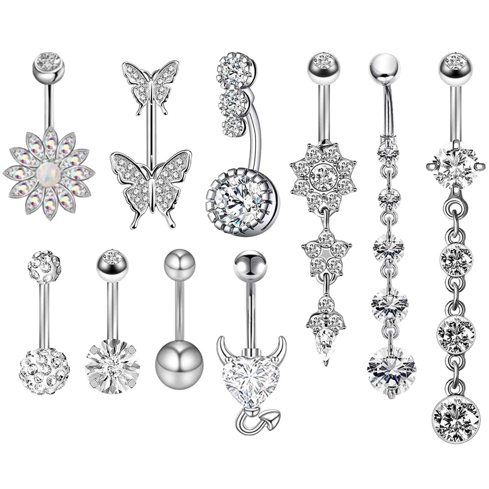 JSTHHTT 10 Piezas Piercing Ombligo para Mujer, Piercings para Ombligo, Anillos para el Ombligo, Piercing Ombligo Embarazada Colgantes para Piercing de Ombligo Corazón Mariposa Anillos para Ombligo