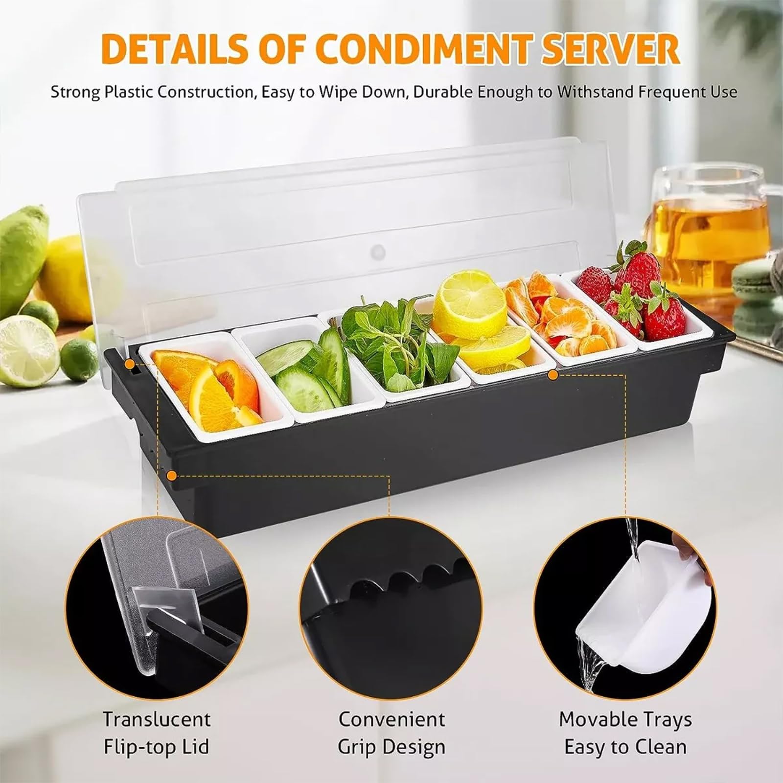 Récipient à condiments glacé avec couvercle - Plateau de service à condiments avec 6 plats amovibles pour fruits, salade, taco, légumes