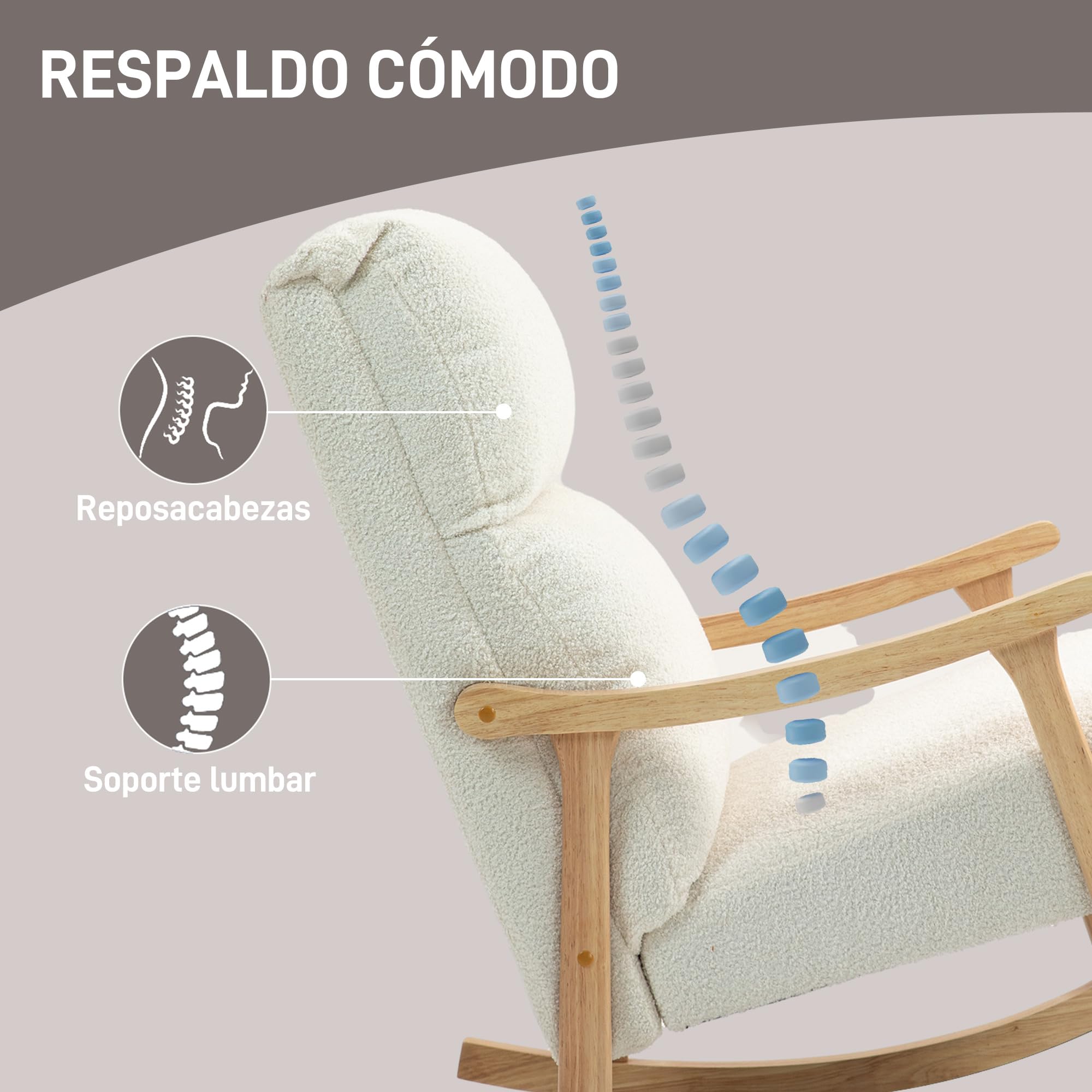 HOMCOM Silla Mecedora de Borreguito Moderna, Mecedora con Patas y Reposabrazos de Madera de Caucho, Respaldo Alto, Carga 120 kg, para Dormitorio, Salón, Crema