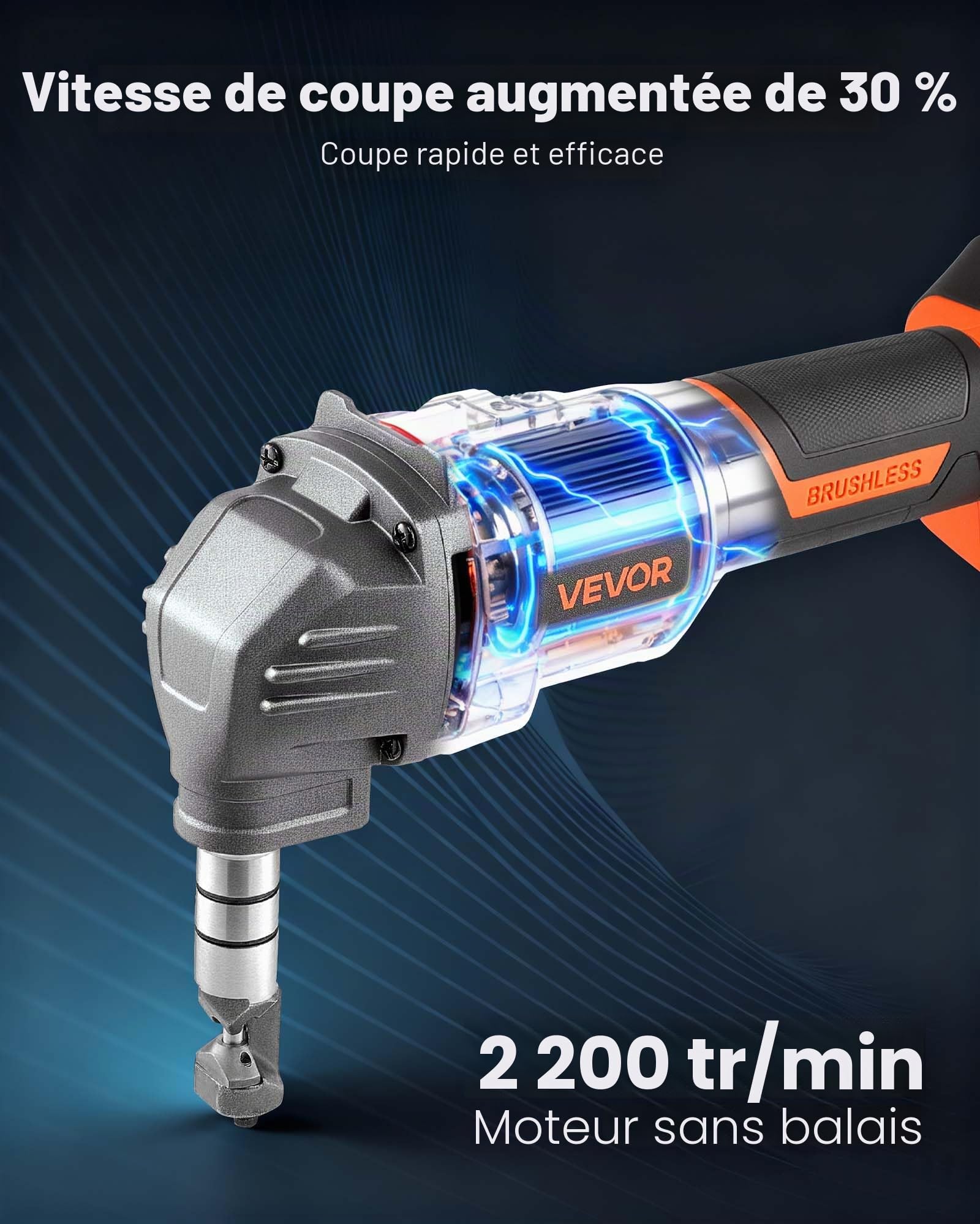 VEVOR Grignoteuse Électrique sans Fil, Cisaille Grignoteuse à Tôle avec Batterie 20 V 4000 mAh, Moteur sans Balais Performant 2200 tr/min, Outil Coupe Métaux Électrique avec Mallette, pour Atelier