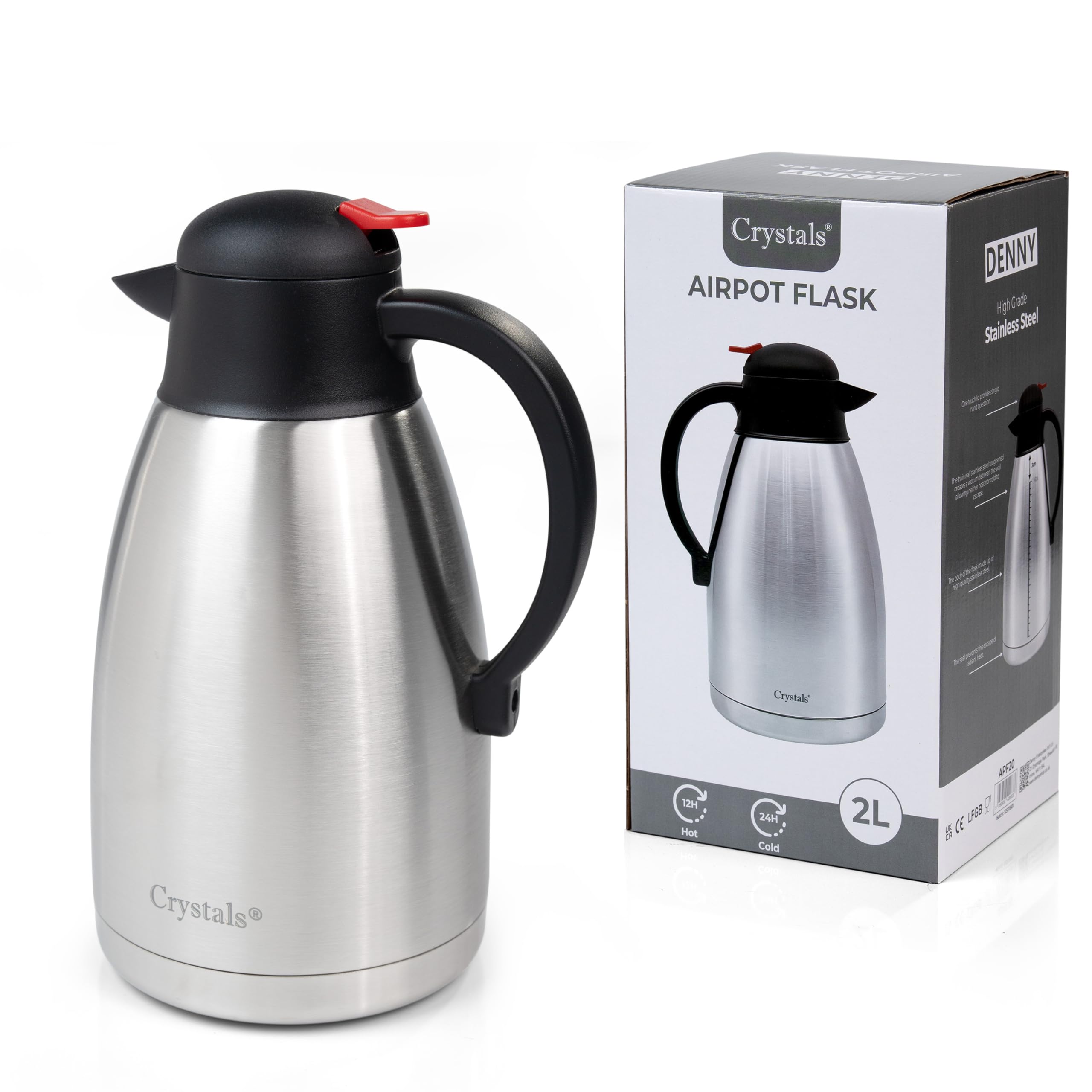 Crystals 2L Thermal Coffee Carafe Jug, Stainless Steel Insulated Vacuum Coffee Pot Flask for Tea Hot and Cold Drinks, Upto 12 Hours Hot, 24 Hours Cold, Silver (Push Button)