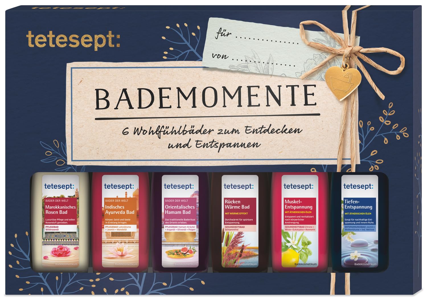 Tetesept Zestaw upominkowy do kąpieli – zestaw próbny z okienkiem – idealny prezent na każdą okazję – 1 x zestaw kąpielowy do kąpieli (6 x 20 ml)
