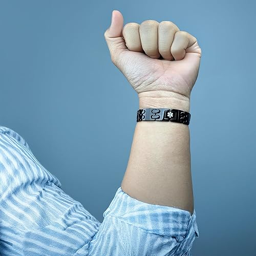 Miniatura 6 de LinnaLove - Pulsera de alerta médica para hombre, grabado gratis, acero inoxidable ajustable, fibra de carbono, pulsera de identificación médica