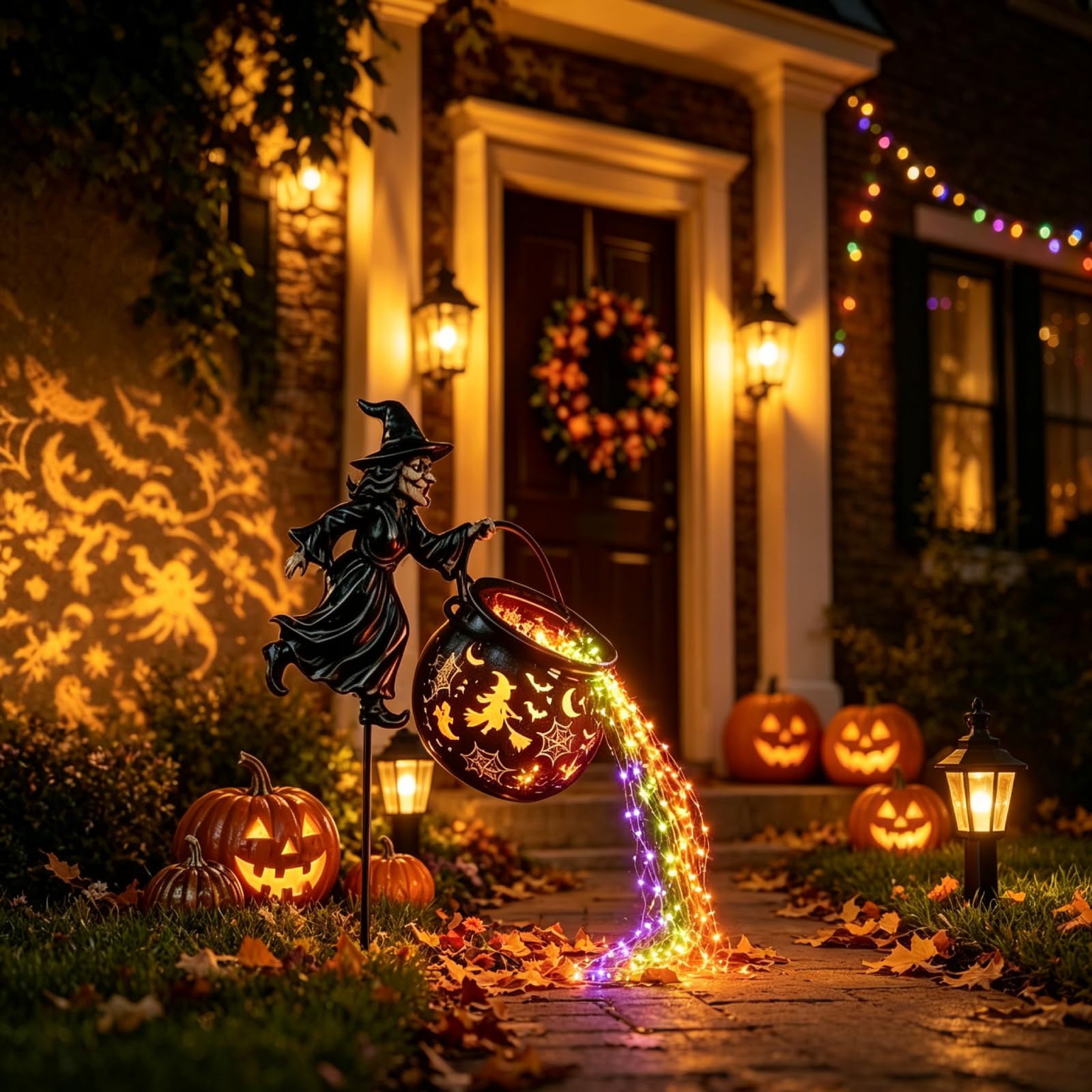Halloween Witch Cauldron Garden Light, Waterfall LED Projector with Stake