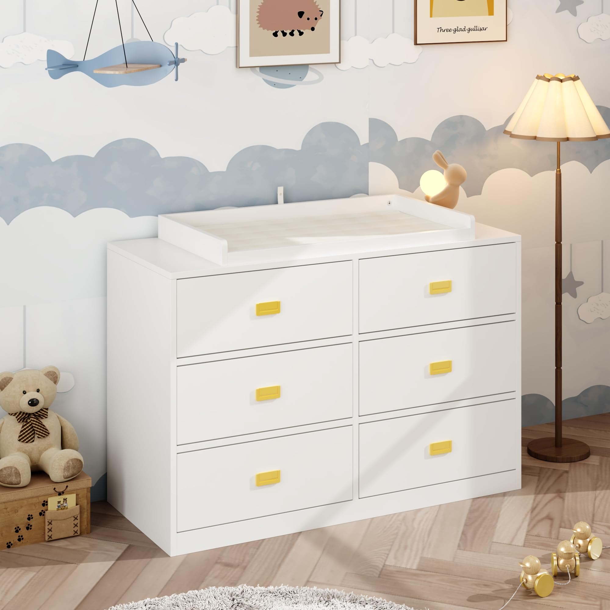 ROMSHINE Cómoda de bebé de 6 cajones, cómoda para guardería con cambiador, armario largo para ropa de bebé, organizador de cambiador para guardería y dormitorio infantil, almacenamiento blanco, 45,3 de ancho x 18,9 de profundidad x 30,1 de alto