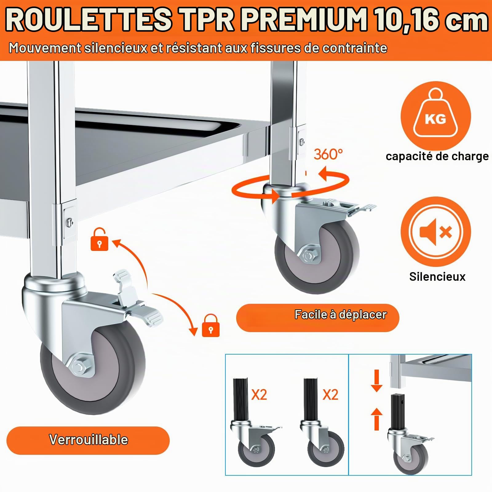 Desserte de Cuisine Chariot Roulettes75x40x83.6 cm, 3 étagères, Acier INOX,Charge 181 kg, 4 Roues Pivotantes 2 avec Freins Déplacement Silencieux pour Rangement Clinique Cuisine Hôtel Salon de Beauté
