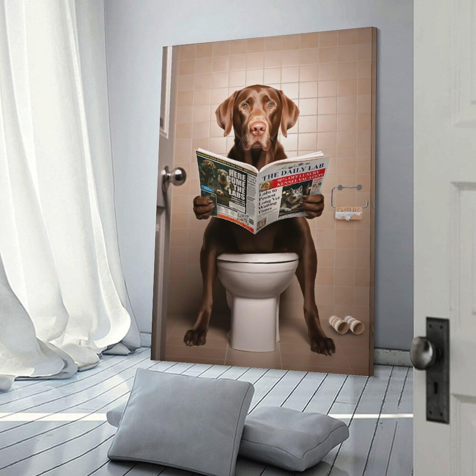 Junmoney Brown Labrador on Toilet Wall Art Print 16x24inch(40x60cm), for Gallery Wall Layouts in Home Or Office, An Easy Match for Collected Prints