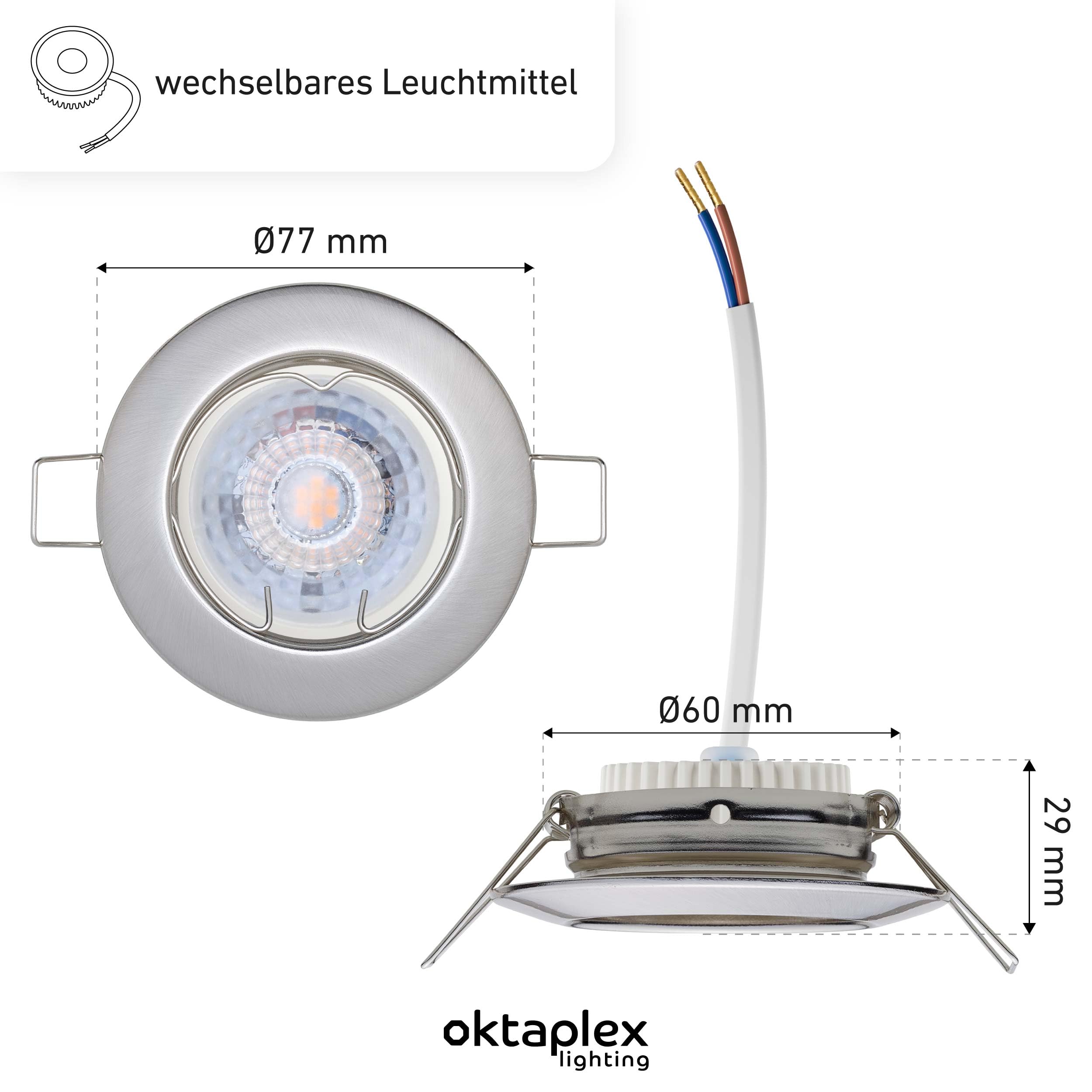 Oktaplex 9er Set Sedan Einbauspot 230V LED Spot 22mm Einbautiefe flach | Warmweiß 3000K, Lochmaß 60mm, 4,8W, 380lm, 110° Einbaustrahler Edelstahl gebürstet rund