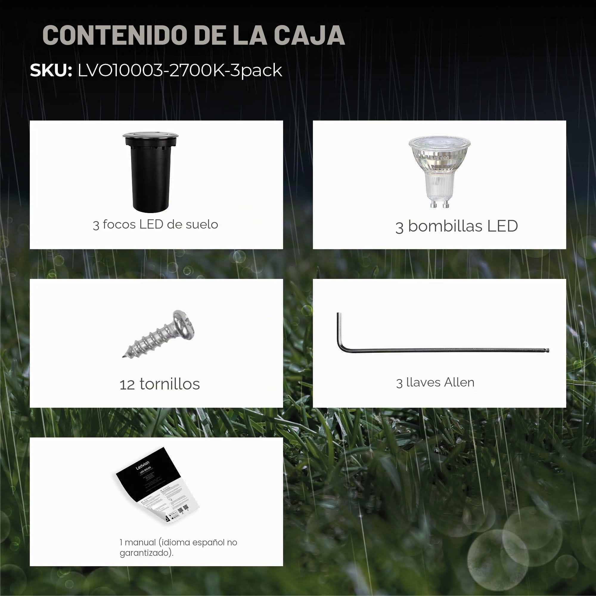 Ledvion - 3X Focos LED Empotrados Redondos, 5W, 2700K, IP67, GU10, Cable de 1m, Iluminación Exterior, Iluminación de Terraza