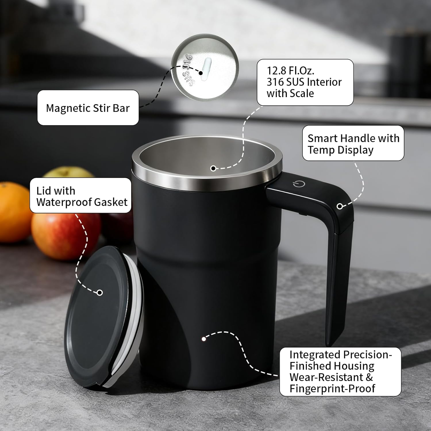 Self Stirring Coffee Mug 12.8 oz with Spill-Proof Lid & LED Display Handle, 316 Stainless Steel Auto Magnetic Mixing Cup Rechargeable, Valentine's Day Gift for Her, Men and Women (Matte Black) - Image 3