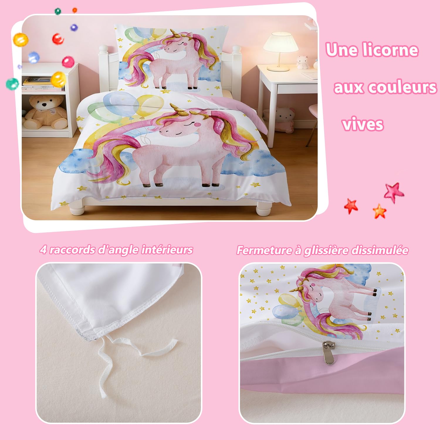Licorne Enfant Housse de Couette, Fille Parure de Lit 90x190cm - Microfibre Parure de Couette avec Fermeture Eclair + 1Taie d'oreiller 40x60cm