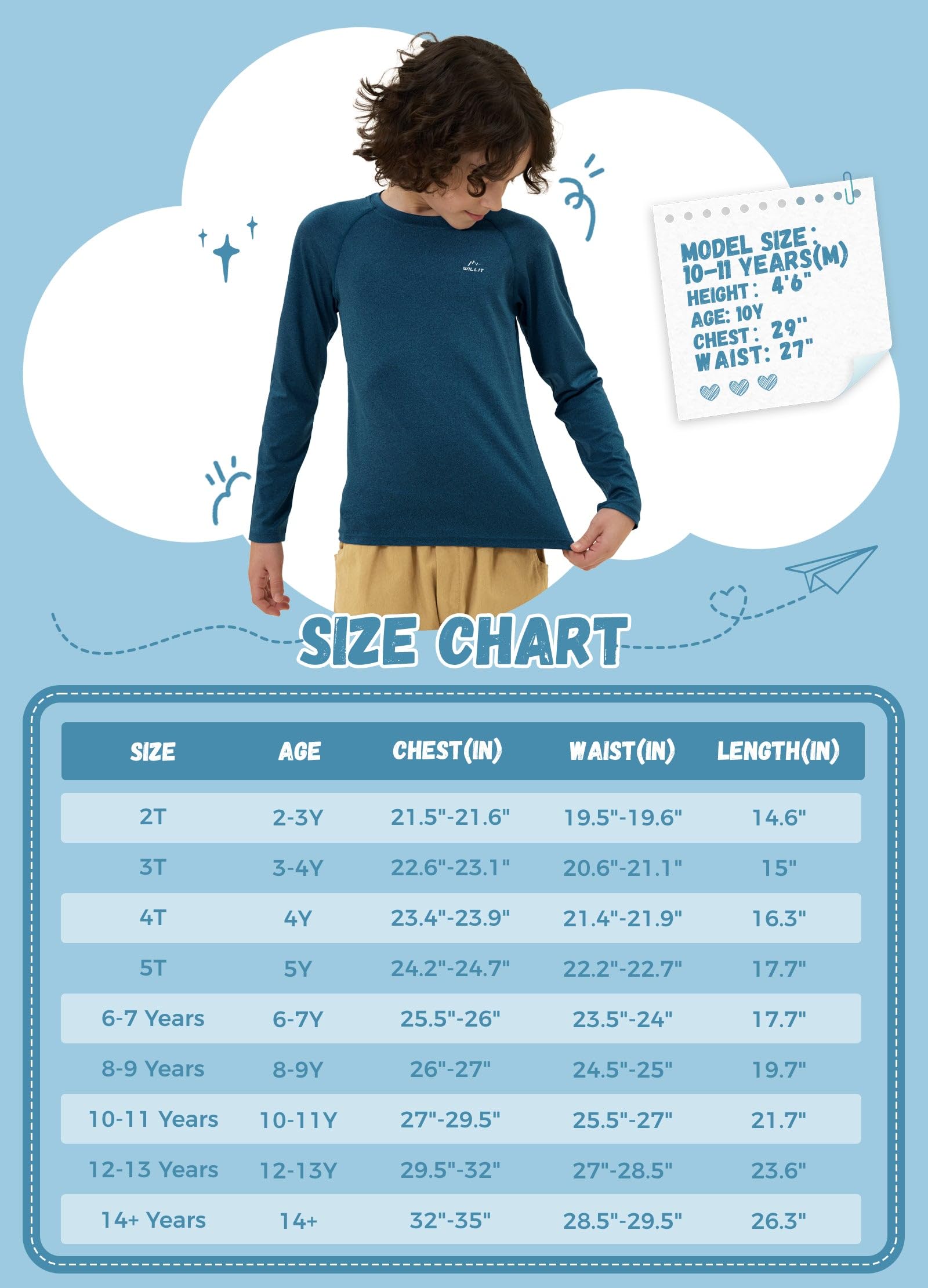 Willit Camisa de protección solar UPF 50+ para niño, manga larga, camiseta de natación para jóvenes, protección solar SPF para pesca, camiseta de secado rápido
