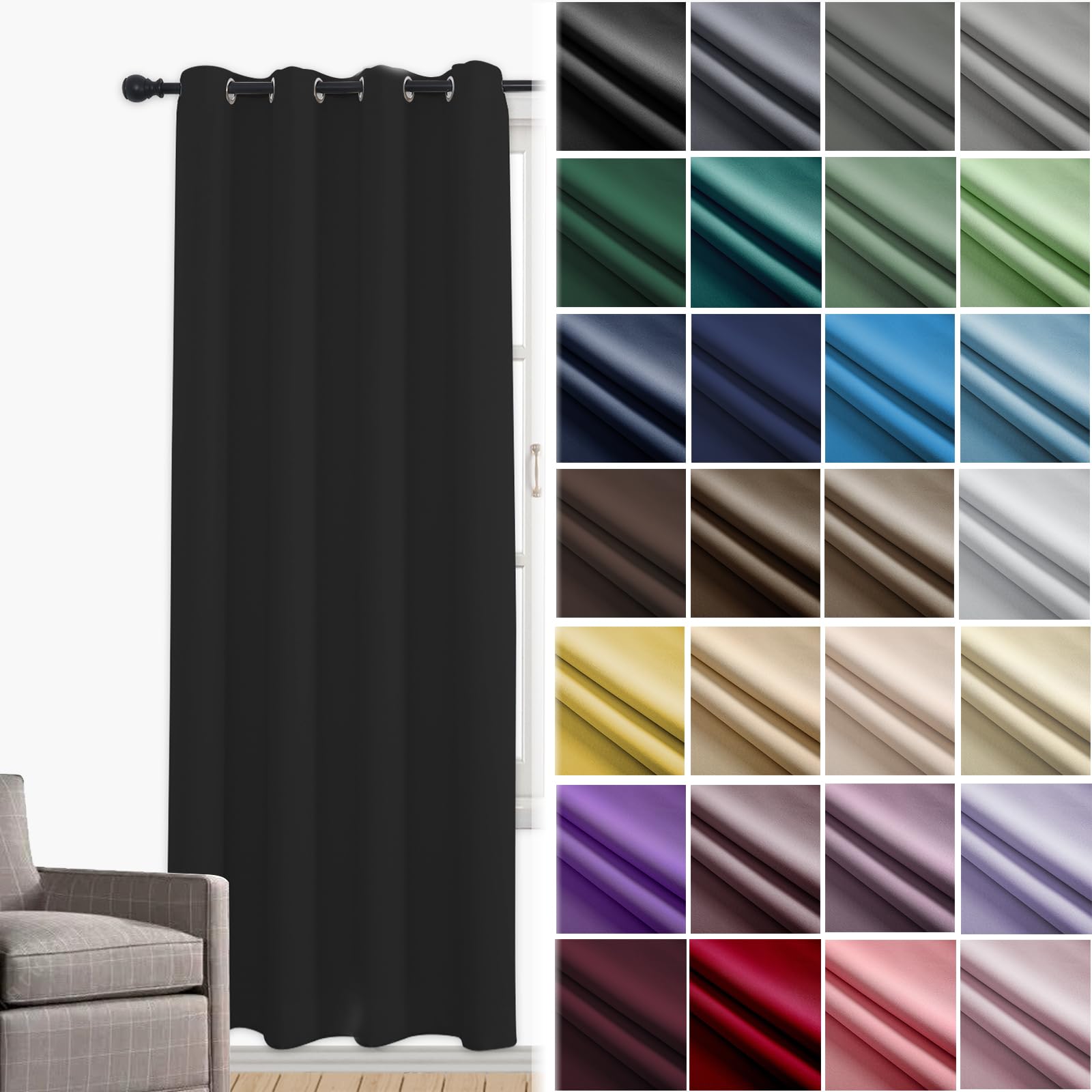 Rideau Occultant à Œillets - Thermique, Opaque, Anti-Bruit pour Chambre, Salon, Balcon, Dressing - 200 x 180cm (L x H) Noir