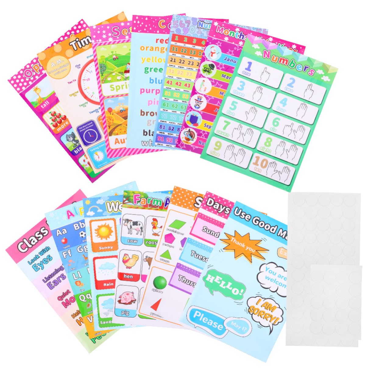 FUNOMOCYA 14 pièces Posters Éducatifs Autocollants pour Garçon Fille Affiches Murales Apprentissage Précoce Anglais Éducatives et Colorées pour Chambre et Classe