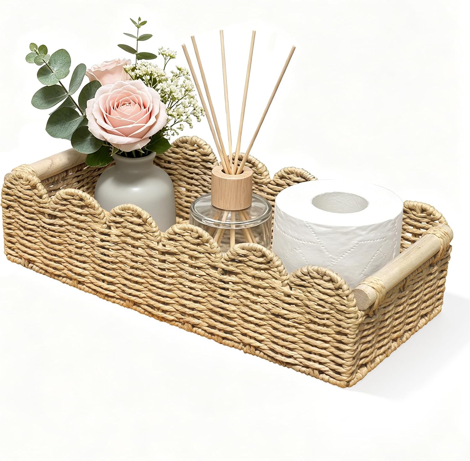 Upgraded Bathroom Basket Organizer,Toilet Tank Paper Storage Baskets,Scalloped Decorative Basket for Countertop w/Handle, Small Wicker Basket for Bathroom Decor, Home Decor, Living Room, Beige L