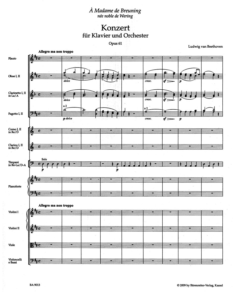 Konzert für Klavier und Orchester D-Dur op. 61 -nach dem Violinkonzert-. BÄRENREITER URTEXT. Partitur, Urtextausgabe: Solistischer Klavierpart im ... des Violinkonzerts op. 61. Vorw. dtsch.-engl.