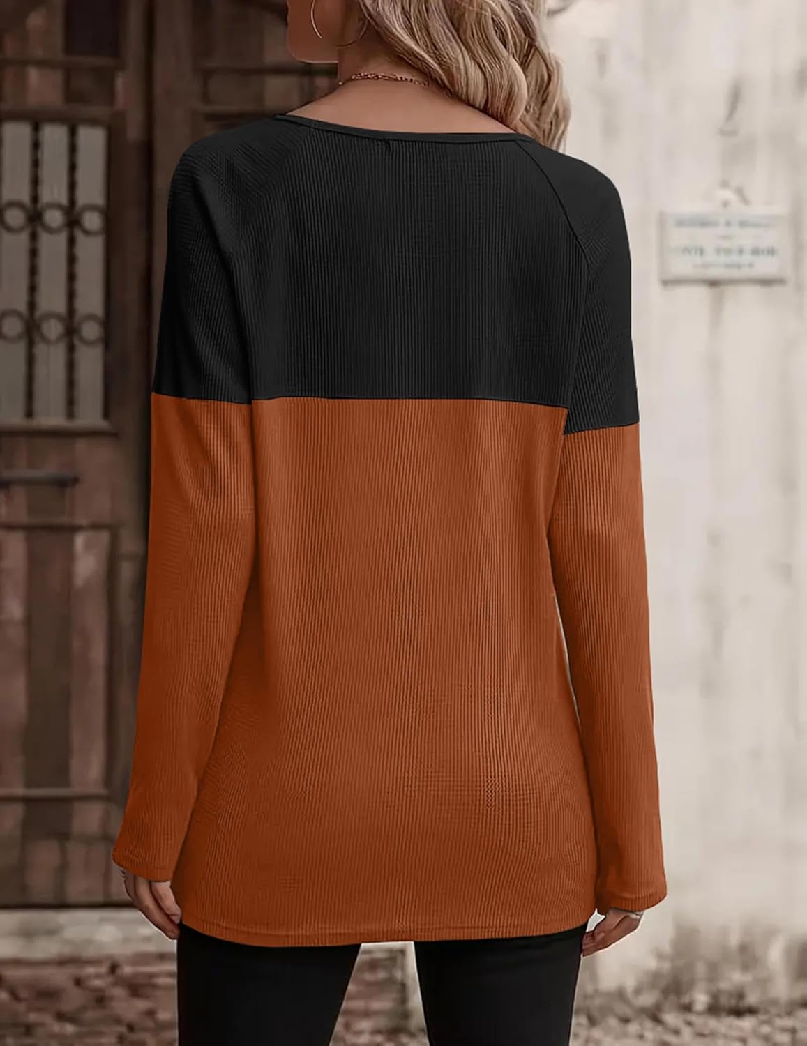 Zeagoo Women Waffle Knit Shirts Long Sleeve Colorblock Tee Button Detail Tunics - Image 3