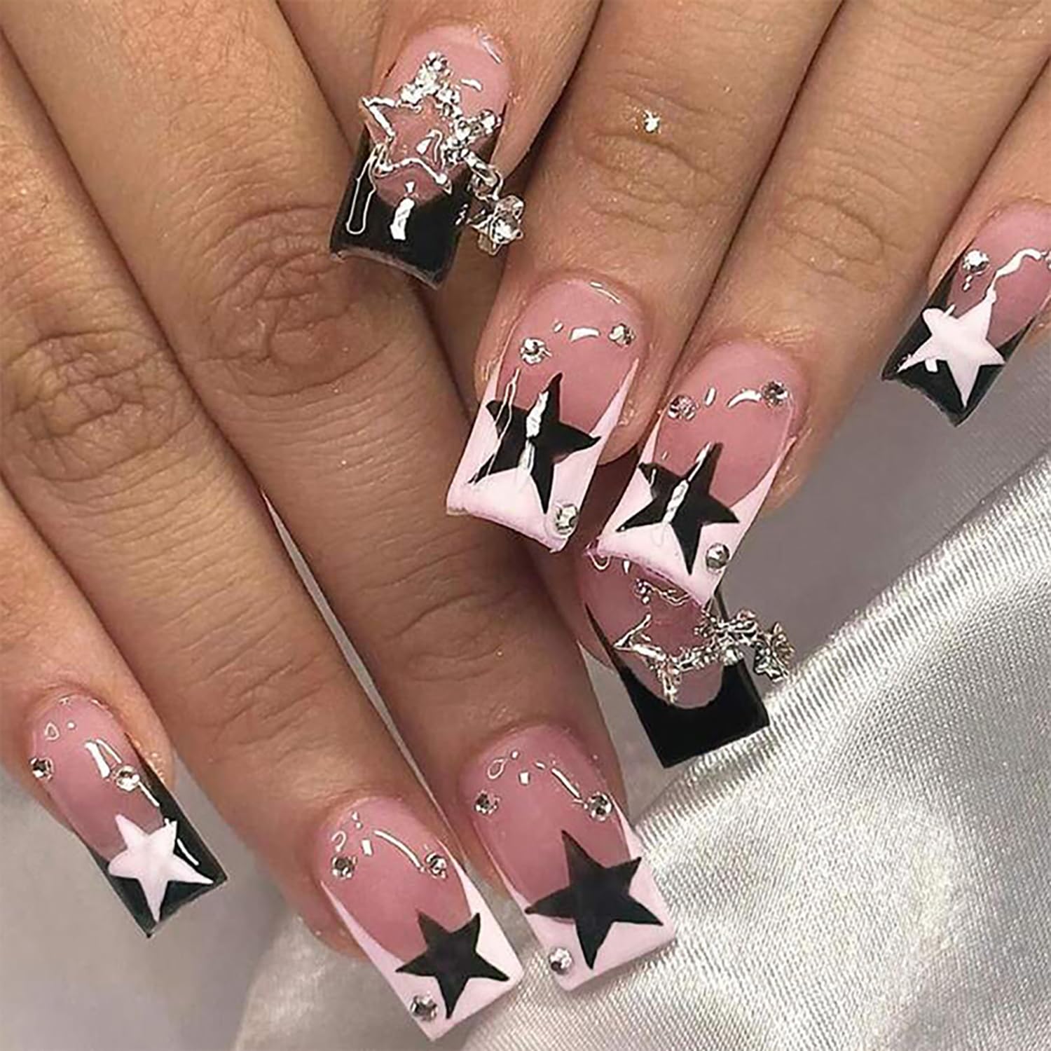 French Press Nails - Pink Stars Rhinestones Design, Medium Size, Full Cover Artificial Nails, 24 Pcs