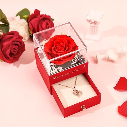 Miniatura 3 de Regalos para el día de San Valentín para ella, rosa real preservada con collar, regalos para el día de San Valentín para mujeres, flores eternas,