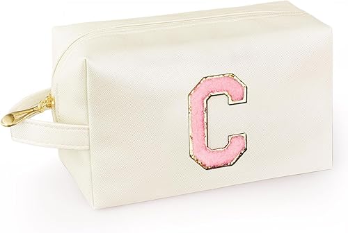 Vista 23 de Bolsa de maquillaje personalizada con inicial y asa, bolsa de cosméticos estilo preppy con bolsillo interior con cremallera, para niñas de 8 a 14