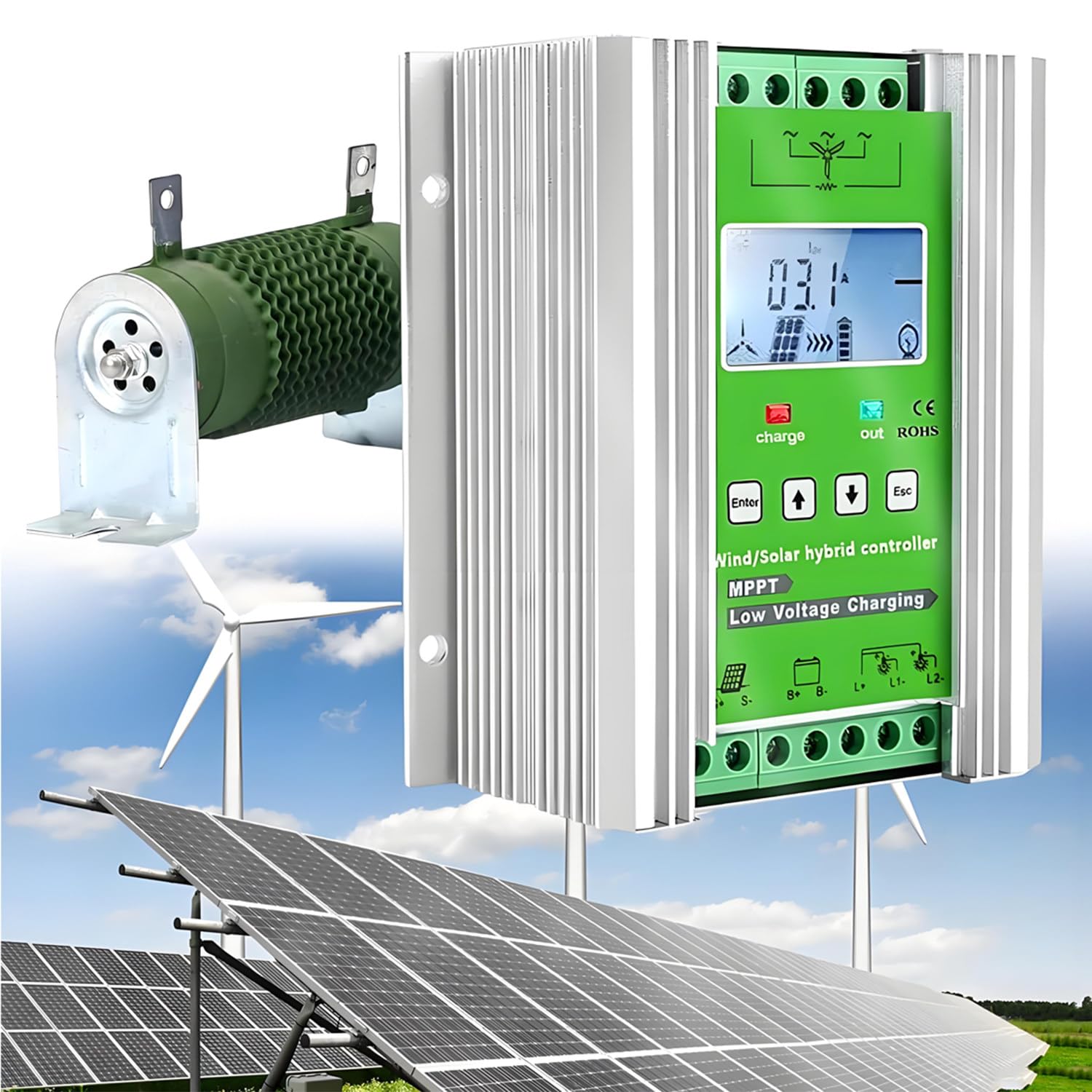 Regolatore Carica Solare Ibrido,Regolatore Carica Ibrido Mppt Turbina Eolica,Identificazione Automatica 12v/24v/48v,per Case,Abitazioni,Imbarcazioni Lampioni Stradali 3000W
