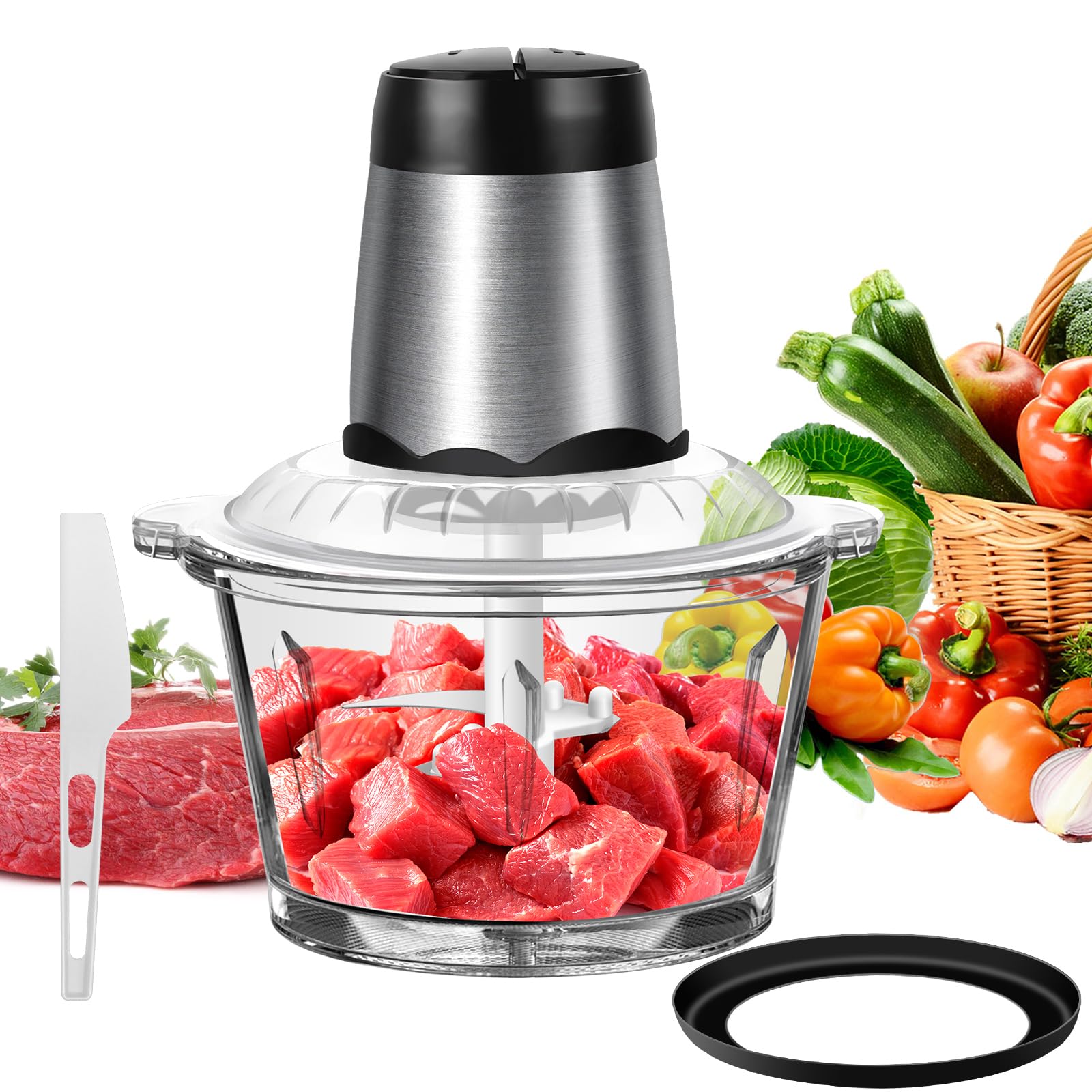 2L Electric Food Chopper Vegetable Chopper Small Food Processor Meat Grinder Mixer Electric Dicer with 2 Speeds, 4 Bi-Level Blades for Fruits, Vegetable,Meat and Nuts