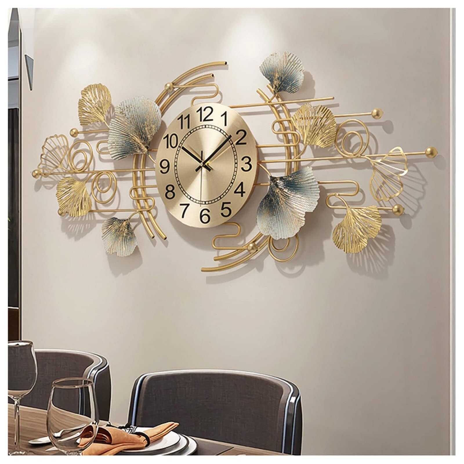SaryEdge Large Wall Clock No-Ticking Silent Wall Clocks,Modern Metal Ginkgo Leaf Art Wall Decor for Living Room Cafe Restaurant Decoration Wall Watches,85 * 37CM,