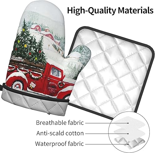 Miniatura 4 de Juego de manoplas de horno de camión rojo de Navidad, antideslizantes, resistentes al calor, guantes de cocina lavables para horno de cocina, para