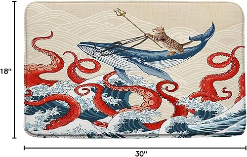 Miniatura 3 de Tapete de baño de pulpo rojo con diseño de animales náuticos, tentáculos de pulpo, grandes olas japonesas, divertido, gato, ballena, fresco, 17.8 x