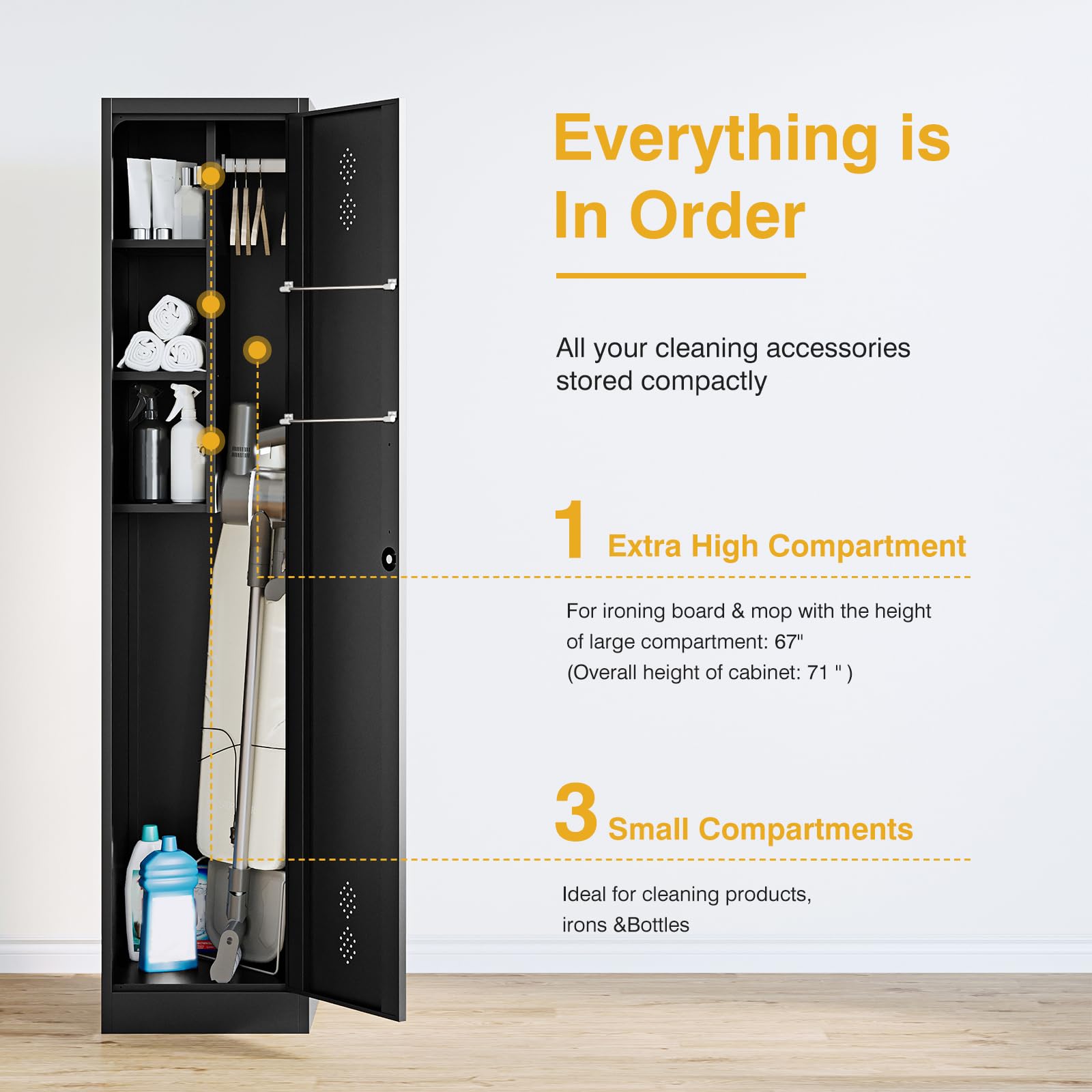 Broom Closet Storage Cabinet Metal Cleaning Tool Cabinet Utility Closet Cleaning Supplies with Locking Door Broom Rack Shelf for Broom mops Garage Storage 71