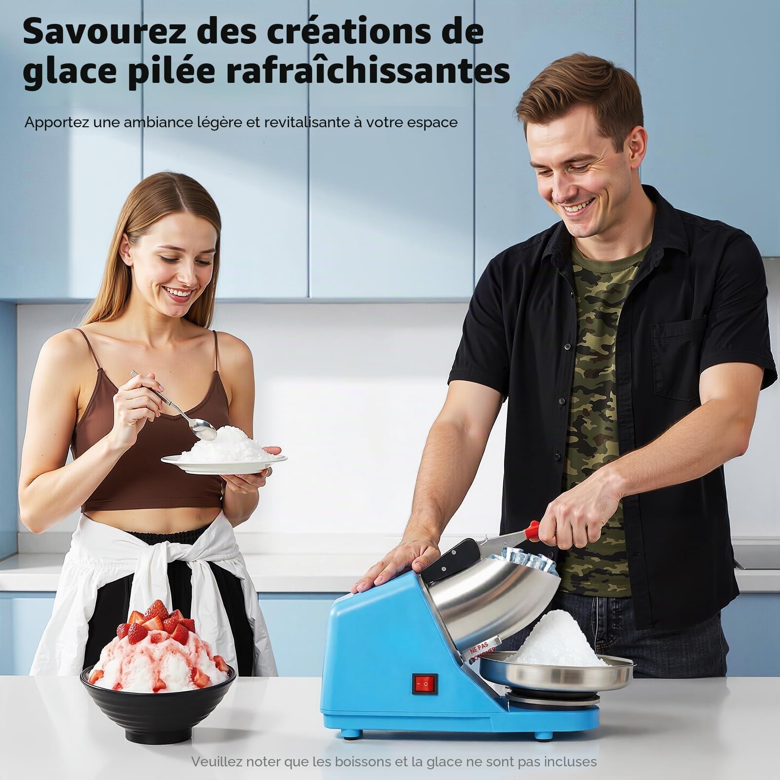 Broyeur à glace électrique, en acier inoxydable, capacité de glace pilée 65 kg/h, pour boissons froides, milkshakes, bleu