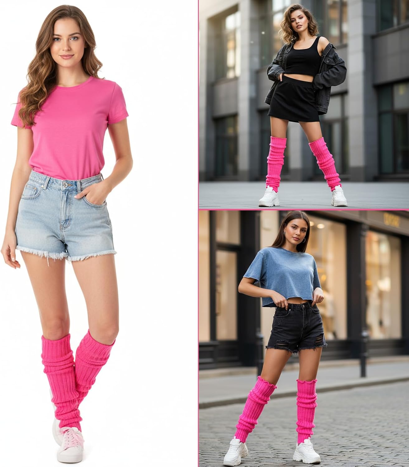 Leg Warmers for Women, Ribbed Knitted 80s Style, Yoga Sports Fashion Accessories, One Size Fits Most, Hot Pink