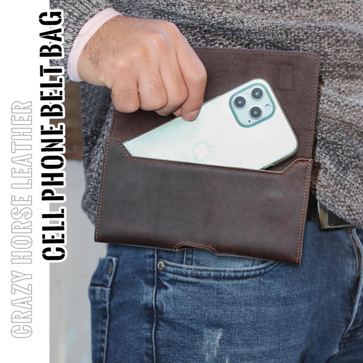 Retro Horizontale Handy Gürtelholster Tasche für iPhone 16 Pro/15 Plus/14 Pro Max, Herren Echtleder Gürteltasche Handyholster für Samsung Galaxy S25/S24/S23+, Outdoor Reise Holster Hülle Coffee