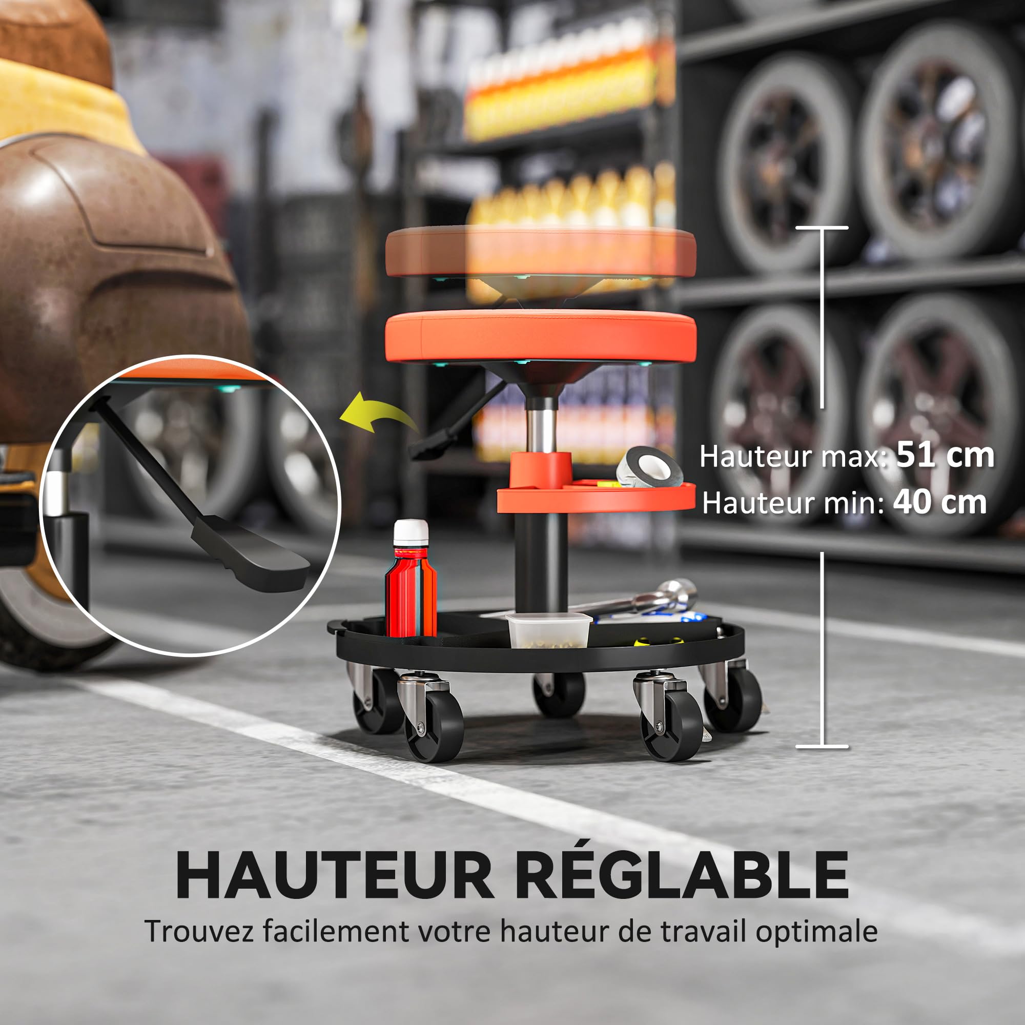HOMCOM Tabouret d'atelier à roulettes, Hauteur Réglable 40-51 cm, Jaune | Tabouret de Mécanicien, 2 Étagères à Outils, Siège Pivotant, Charge Max 135 kg
