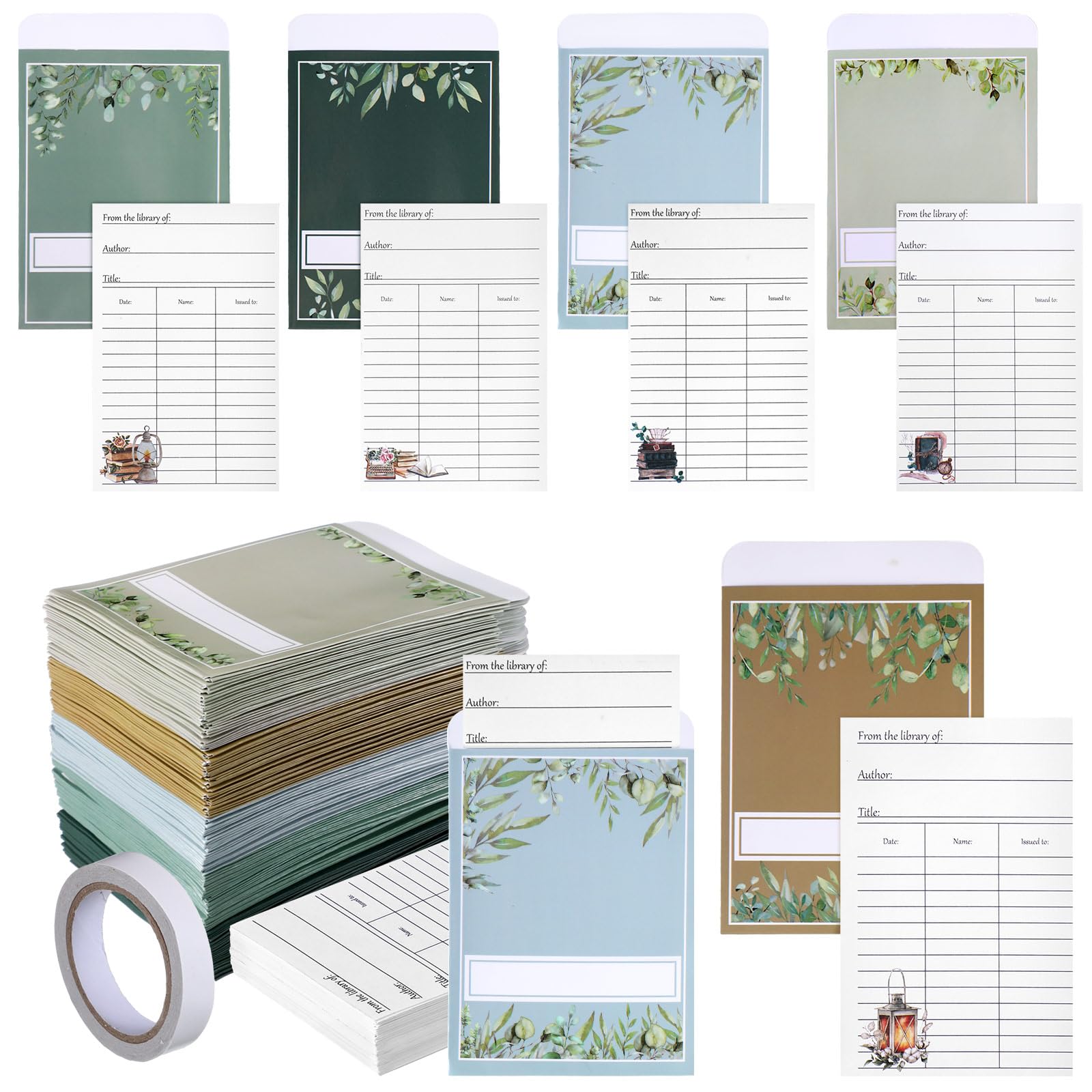 Fulmoon 150 Set Library Pocket and Card Back to School Gift 5 Design Self Adhesive Envelope Paper Pocket and Due Date Card for Reading List Bookmark