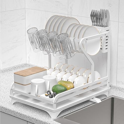 Escurridor de platos para fregadero de metal resistente al óxido, escurridor de platos de 2 niveles sobre el fregadero, gran capacidad con juego de