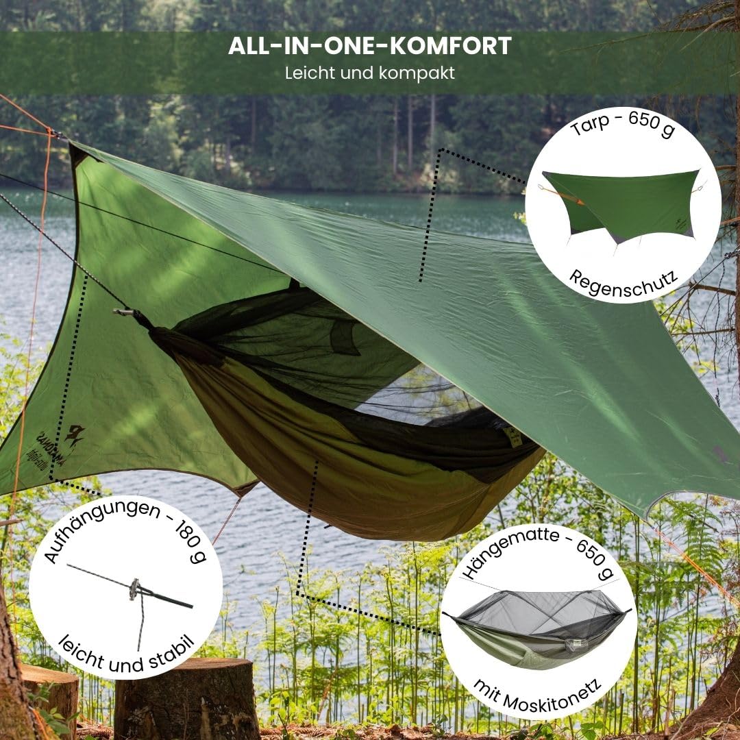 AMAZONAS - Traveller Set | Leichtes All-in-One Camping-Set mit Hängematte, Moskitonetz, Thermofach, wasserdichtem Tarp und Aufhängung | Kompaktes Packmaß 25cm x 10cm, Gewicht 1,48kg