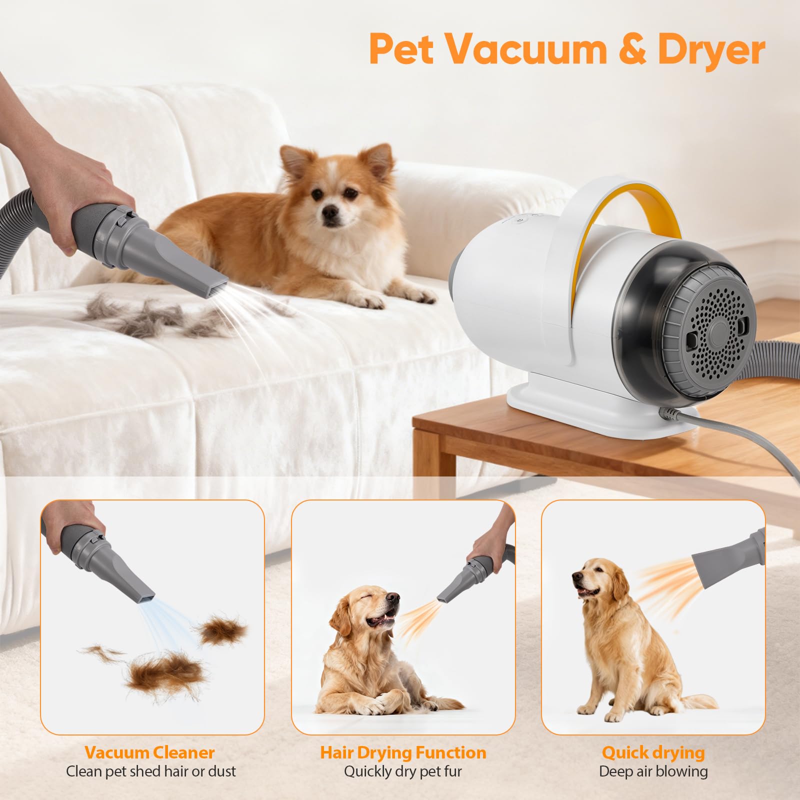 Asciugacapelli per cani 3200 W con 7 velocità regolabili, 4 punte, ciclo aria calda/fredda, asciugacapelli potente per animali, kit toelettatura cani e gatti