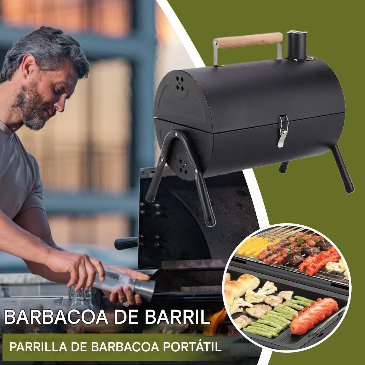 Barbacoa De Barril De Carbón Antideslizante Antiadherente Ventilado | Barbacoa Ahumador Con Asa Para Exteriores Jardín Trasero Patio Porche Jardín Camping Picnic Apartamento Hogar