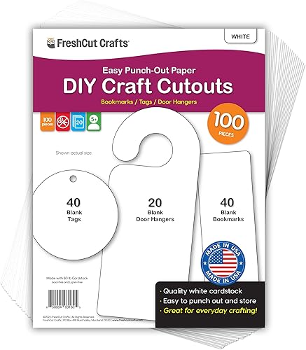 FreshCut Crafts Recortes para manualidades, 100 marcadores en blanco, colgadores de puerta, etiquetas de regalo, blanco, hecho en Estados Unidos,