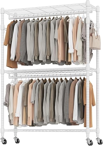 Miniatura 12 de BATHWA Perchero resistente con ruedas, perchero rodante para colgar ropa, armario de metal simple y resistente con varillas dobles, 8 perchas Negro