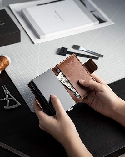 Miniatura 7 de VULKIT Tarjetero de cuero con bloqueo RFID, billetera desplegable automática con bloqueo RFID, cartera magnética para tarjetas doble para hombres y