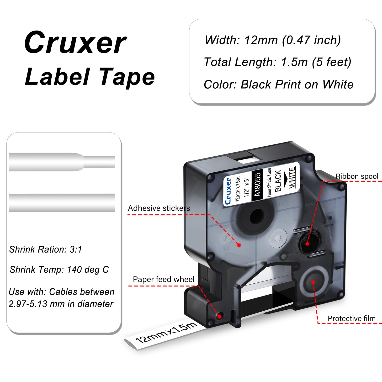 Cruxer Paquete de 60 unidades compatible con Dymo Rhino A18055 S0718300 cinta de etiquetas industrial, negro sobre blanco, 12 mm x 1,5 m, repuesto para Dymo LabelWriter y Rhino 1000 3000 4200 5000