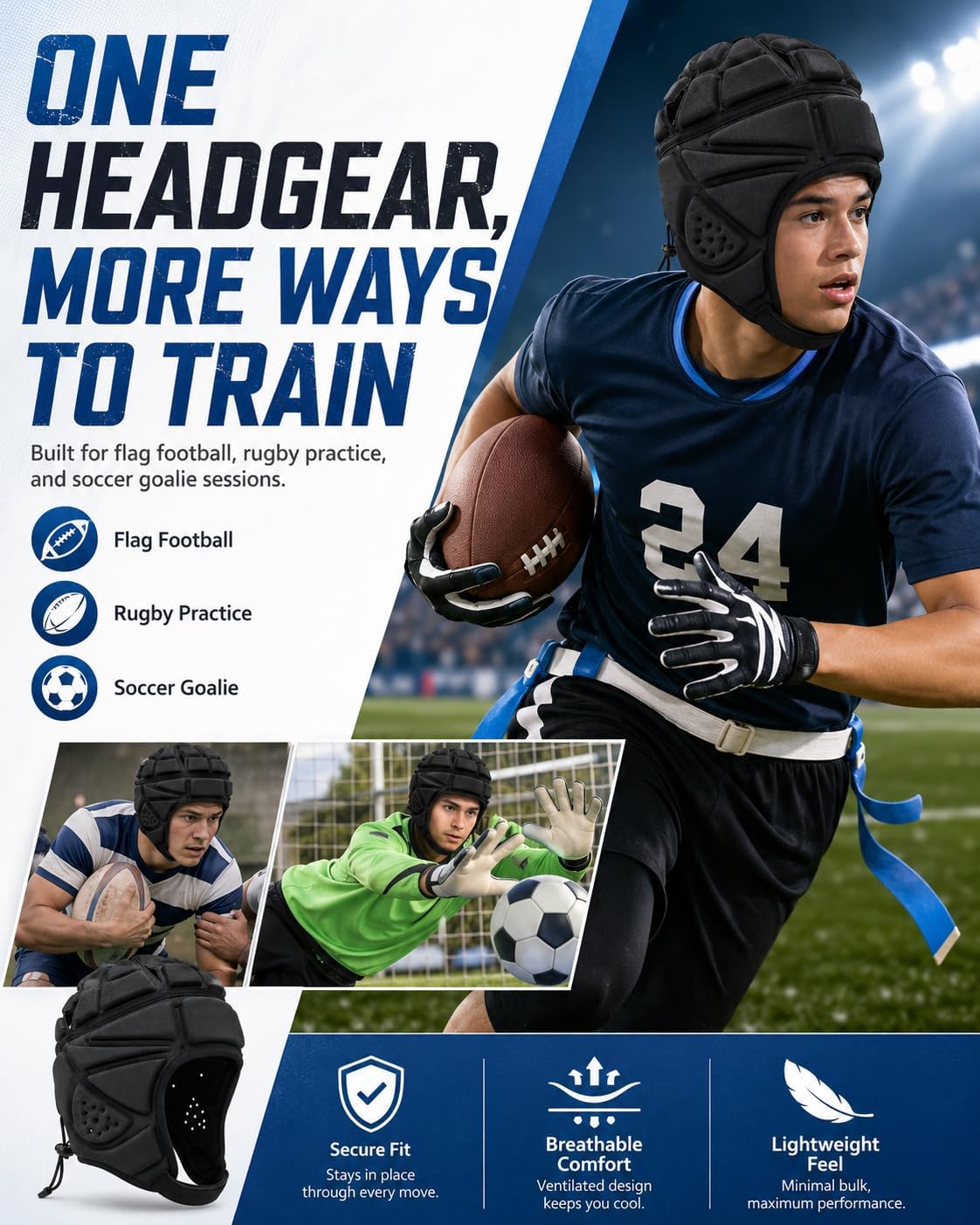 Flag Football Helmet Youth, Adjustable Soft Shell Helmet 7v7, Breathable and Comfortable Scrum Cap, Breathable and Comfortable Sports Protective Headgear for Soccer,Hockey,Skateboard,Roller Skating